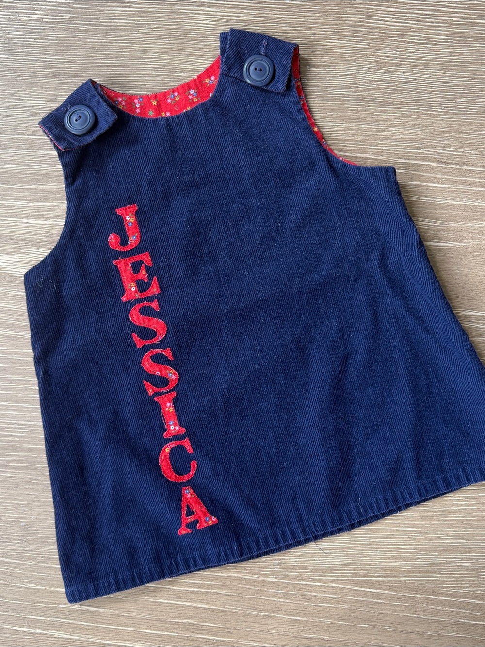 Personalized Navy Corduroy Kids Tunic with Red Name Applique